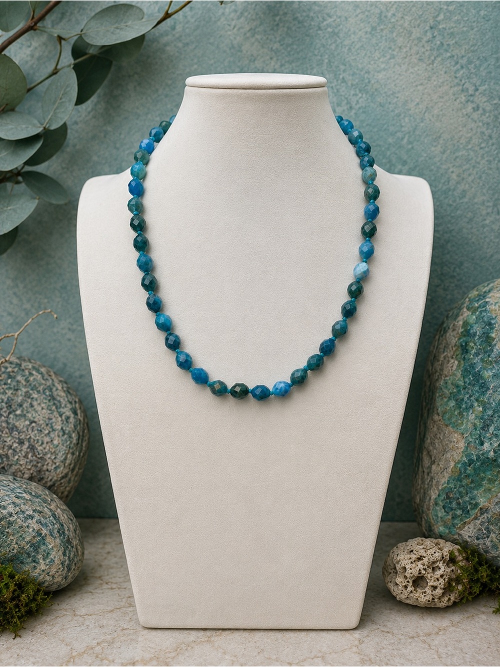 16” Blue Apatite Faceted Drum Hand Knotted Aprilsplace Necklace